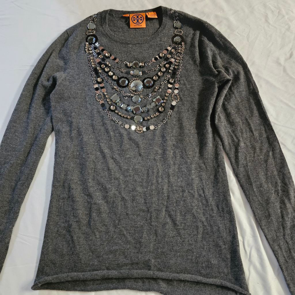 Tory Burch Gray Cashmere Embellished Crew Neck Sweater Small - Picture 2 of 7